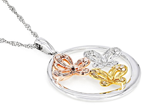 White Diamond Rhodium And 14k Rose And Yellow Gold Over Sterling Silver Butterfly Pendant 0.20ctw