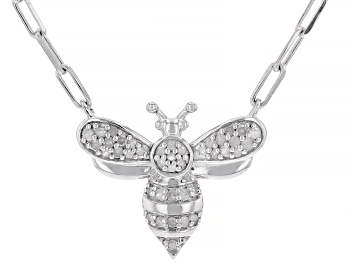 Picture of White Diamond Rhodium Over Sterling Silver Bee Necklace 0.15ctw