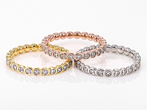 White Diamond Accent Rhodium And 18k Yellow And Rose Gold Over Sterling Silver Set Of 3 Rings