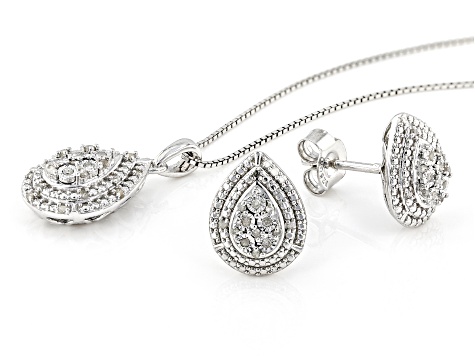 White Diamond Rhodium Over Sterling Silver Teardrop Pendant And Earring Jewelry Set 0.20ctw
