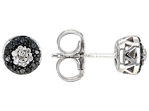 Black And White Diamond Rhodium Over Sterling Silver Cluster Stud Earrings 0.20ctw