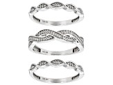 White Diamond Rhodium Over Sterling Silver Set of 3 Crossover Band Rings 0.20ctw