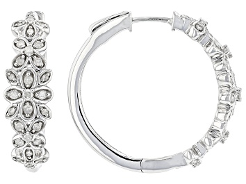 Picture of White Diamond Rhodium Over Sterling Silver Flower Hoop Earrings 0.50ctw