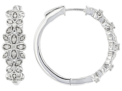 White Diamond Rhodium Over Sterling Silver Flower Hoop Earrings 0.50ctw