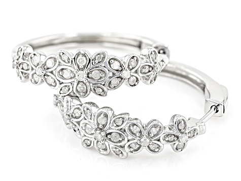 White Diamond Rhodium Over Sterling Silver Flower Hoop Earrings 0.50ctw
