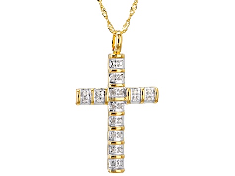 White Diamond 18k Yellow Gold Over Sterling Silver Cross Pendant With 18" Singapore Chain 0.10ctw
