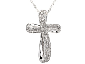 White Diamond Rhodium Over Sterling Silver Cross Slide Pendant With 18" Singapore Chain 0.25ctw