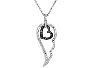 Blue And White Diamond Accent Rhodium Over Sterling Silver Angel Wing Pendant With 18" Chain