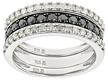 Picture of Black And White Diamond Rhodium Over Sterling Silver Set of 3 Band Rings 1.00ctw