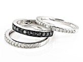 Black And White Diamond Rhodium Over Sterling Silver Set of 3 Band Rings 1.00ctw