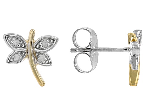 White Diamond Accent Rhodium And 18k Yellow Gold Over Sterling Silver Dragonfly Stud Earrings
