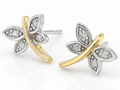 White Diamond Accent Rhodium And 18k Yellow Gold Over Sterling Silver Dragonfly Stud Earrings