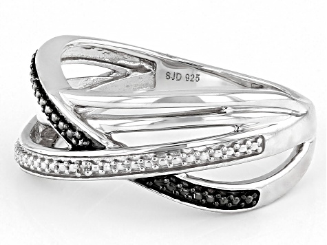 Black And White Diamond Accent Rhodium Over Sterling Silver Crossover Band Ring