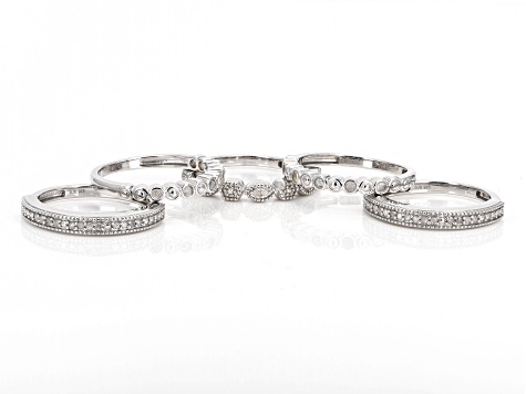 White Diamond Rhodium Over Sterling Silver Set of 5 Stackable Band Rings 0.45ctw