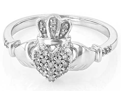White Diamond Rhodium Over Sterling Silver Claddagh Ring 0.15ctw