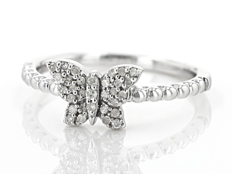 White Diamond Rhodium Over Sterling Silver Butterfly Ring 0.15ctw