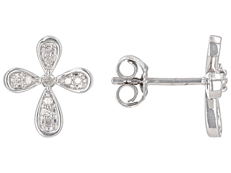 White Diamond Rhodium Over Sterling Silver Cross Earrings 0.10ctw