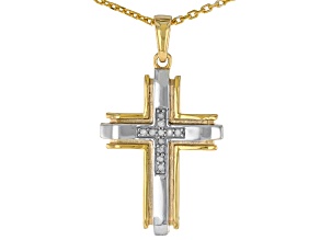 White Diamond Rhodium And 14k Yellow Gold Over Sterling Silver Mens Cross Pendant 0.10ctw