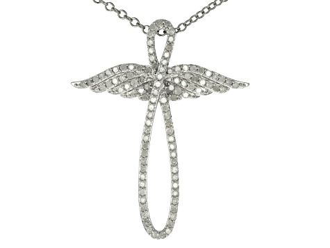 White Diamond Rhodium Over Sterling Silver Angel Wing Cross Pendant With 19" Cable Chain 0.50ctw