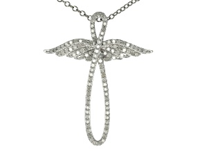White Diamond Rhodium Over Sterling Silver Angel Wing Cross Pendant With 19" Cable Chain 0.50ctw