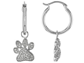 White Diamond Rhodium Over Sterling Silver Convertible Paw Print Dangle Hoop Earrings 0.33ctw