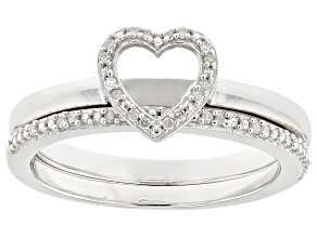 White Diamond Rhodium Over Sterling Heart And Band Ring Set 0.10ctw