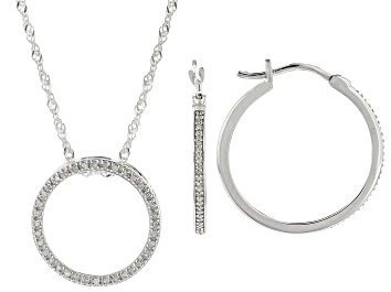 Picture of White Diamond Rhodium Over Sterling Silver Slide Pendant And Hoop Earring Jewelry Set 0.20ctw