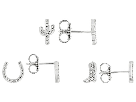 White Diamond Accent Rhodium Over Sterling Silver Set of 3 Western Themed Stud Earrings