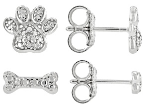 White Diamond Accent Rhodium Over Sterling Silver Set of Dog Bone and Paw Print Stud Earrings