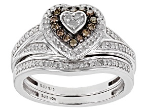 White And Champagne Diamond Rhodium Over Sterling Silver Heart Ring And Band 0.45ctw
