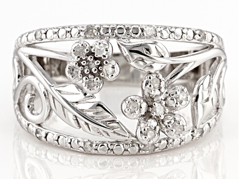 White Diamond Rhodium Over Sterling Silver Flower Open Design Ring 0.20ctw
