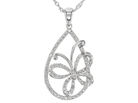 White Diamond Rhodium Over Sterling Silver Butterfly Pendant With 18" Singapore Chain 0.20ctw
