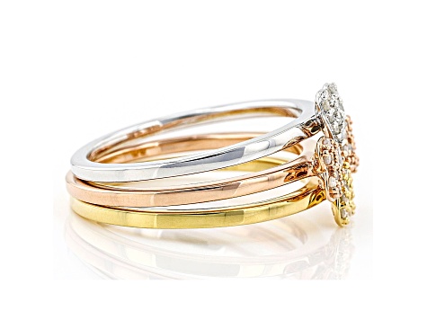 White Diamond Rhodium and 14k Yellow And Rose Gold Over Sterling Silver Set Of 3 Rings 0.26ctw