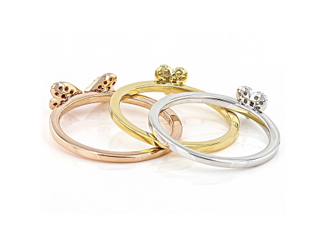 White Diamond Rhodium and 14k Yellow And Rose Gold Over Sterling Silver Set Of 3 Rings 0.26ctw