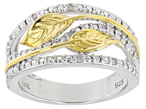 White Diamond Rhodium & 14k Yellow Gold Over Sterling Silver Open Design Leaf Ring 0.10ctw