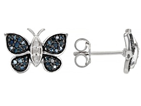 Blue And White Diamond Rhodium Over Sterling Silver Butterfly Stud Earrings 0.40ctw