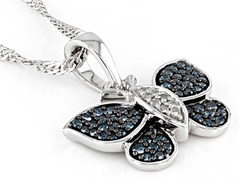 Blue And White Diamond Rhodium Over Sterling Silver Butterfly Pendant 0.35ctw