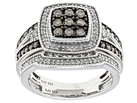 Champagne And White Diamond Platinum Over Sterling Silver Set of 2 Rings 0.70ctw