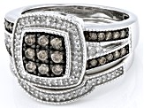 Champagne And White Diamond Platinum Over Sterling Silver Set of 2 Rings 0.70ctw