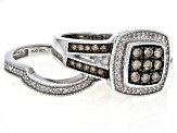 Champagne And White Diamond Platinum Over Sterling Silver Set of 2 Rings 0.70ctw