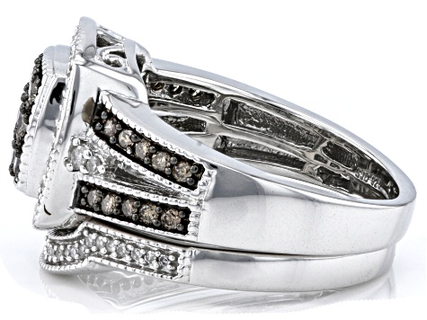 Champagne And White Diamond Platinum Over Sterling Silver Set of 2 Rings 0.70ctw