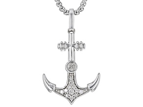 White Diamond Rhodium Over Sterling Silver Mens Anchor Pendant With 22" Round Box Chain 0.20ctw