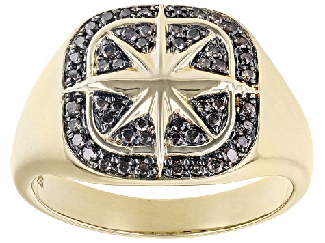 Champagne Diamond 18k Yellow Gold Over Sterling Silver Mens Compass Ring 0.45ctw