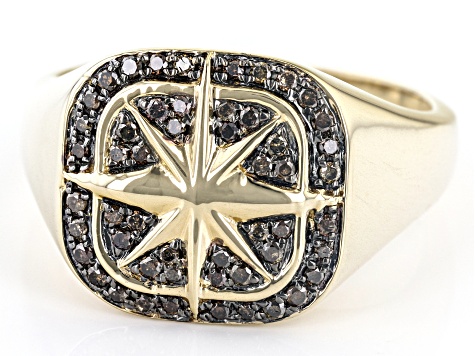 Champagne Diamond 18k Yellow Gold Over Sterling Silver Mens Compass Ring 0.45ctw