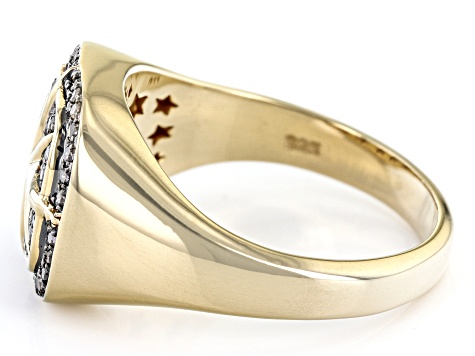 Champagne Diamond 18k Yellow Gold Over Sterling Silver Mens Compass Ring 0.45ctw