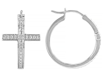 Picture of White Diamond Accent Rhodium Over Sterling Silver Cross Hoop Earrings