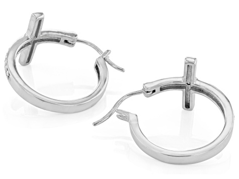 White Diamond Accent Rhodium Over Sterling Silver Cross Hoop Earrings