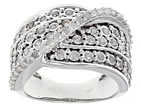 White Diamond Rhodium Over Sterling Silver Wide Band Crossover Ring 1 ...