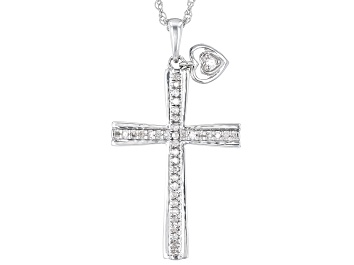 Picture of White Diamond Rhodium Over Sterling Silver Cross Pendant With 18" Rope Chain 0.15ctw