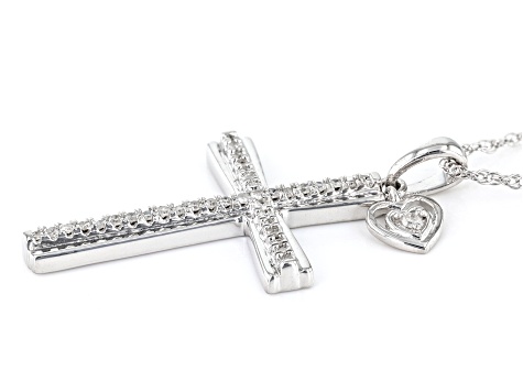 White Diamond Rhodium Over Sterling Silver Cross Pendant With 18" Rope Chain 0.15ctw